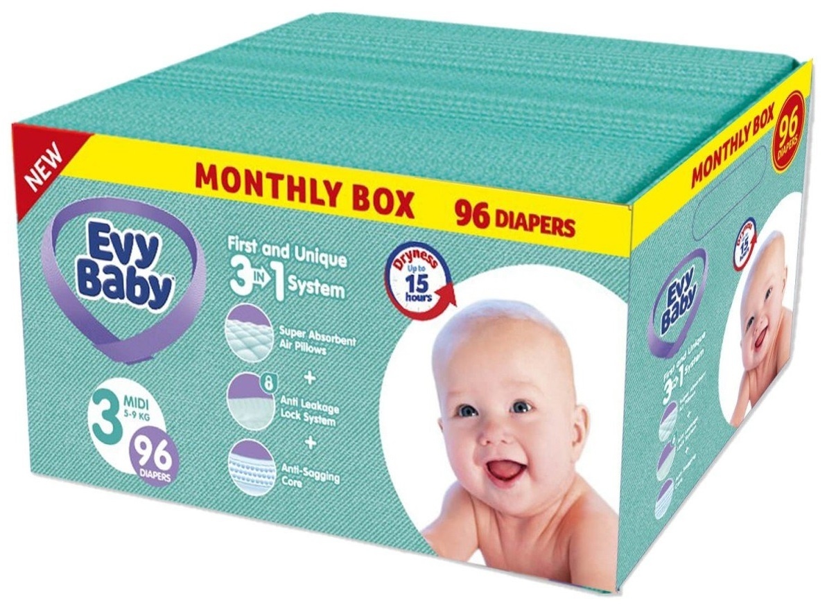 Pelene za bebe EVY BABY  box 3u1 sistem 3 midi 96kom