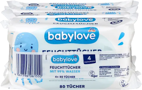 Vlažne maramice BABYLOVE 99% voda 4x80kom