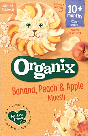 Dečija hrana ORGANIX musli banana breskva i jabuka 10m+ 200g