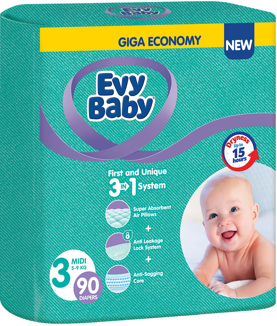 Pelene za bebe EVY BABY  3u1 sistem 3 midi 90kom