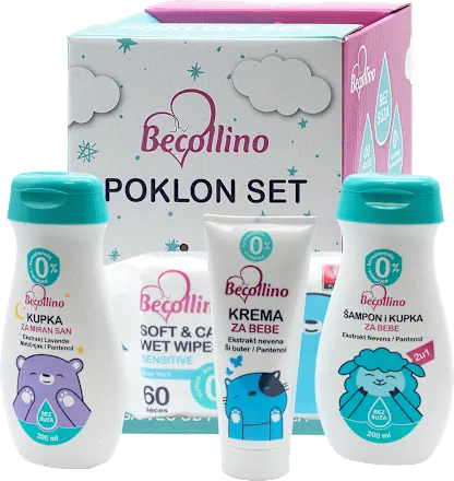 Poklon set BECOLLINO (krema, šampon, kupka, vlažne maramice)