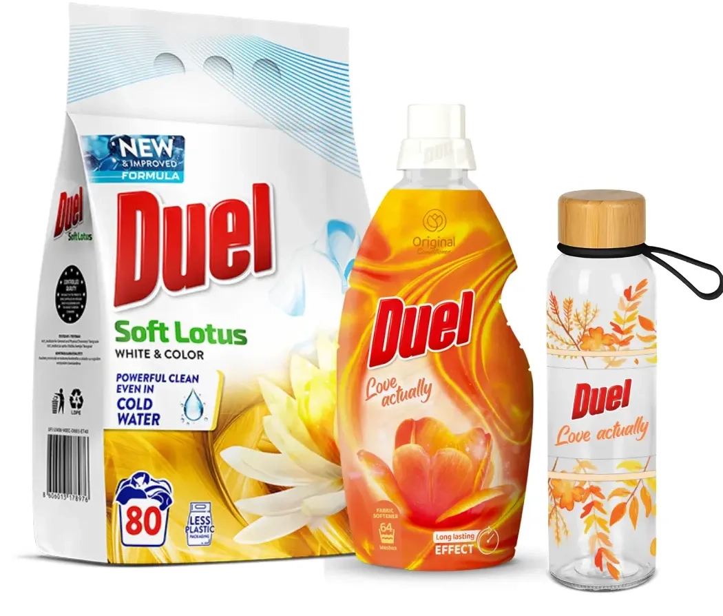 DUEL paket deterdžent za veš, omekšivač i staklena flašica