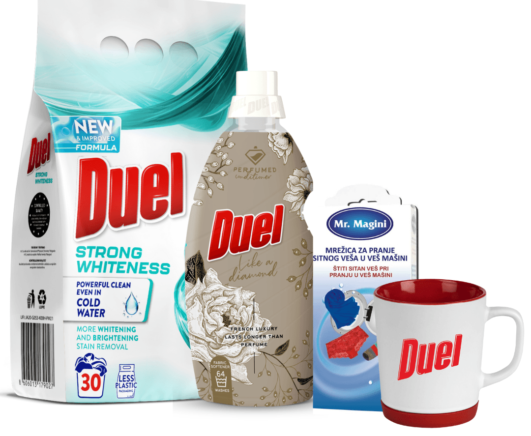 DUEL set deterdžent, omekšivač, šolja za kafu i mrežica za veš