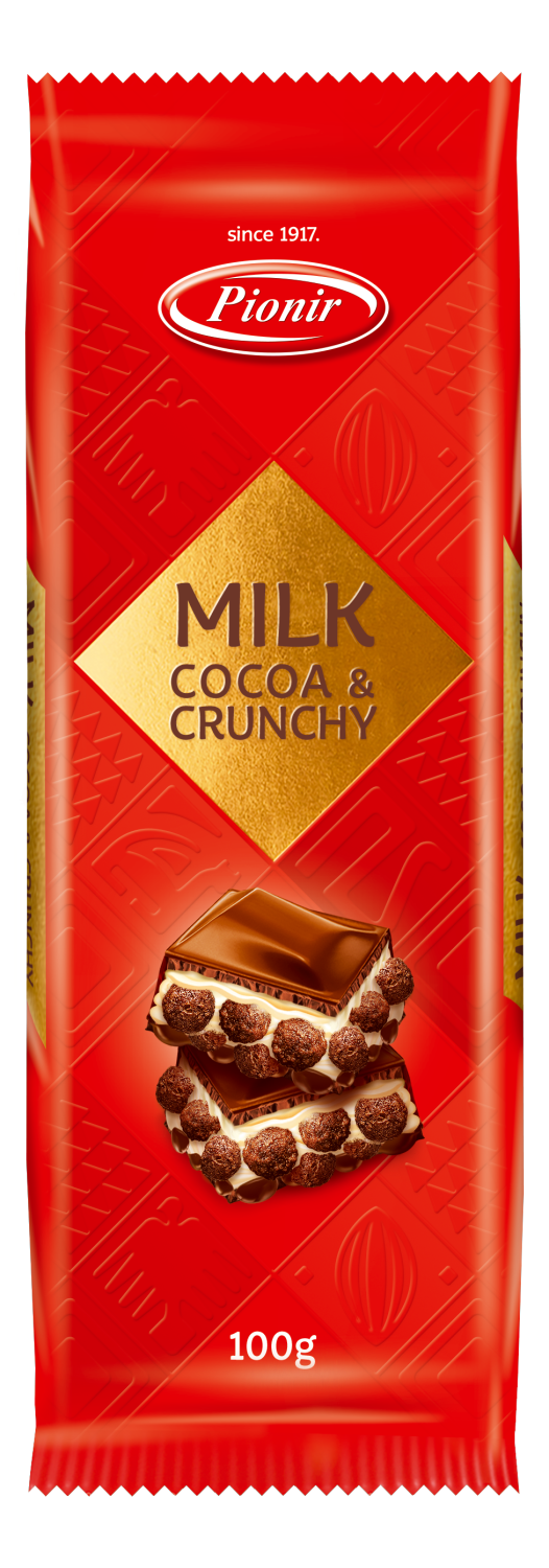 Mlečna čokolada PIONIR Milk cocoa & crunchy 100g