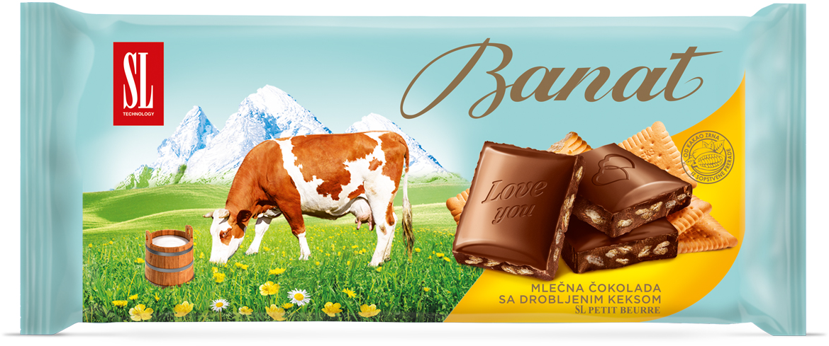 Čokolada SWISSLION BANAT sa drobljenim keksom mlečna 80g