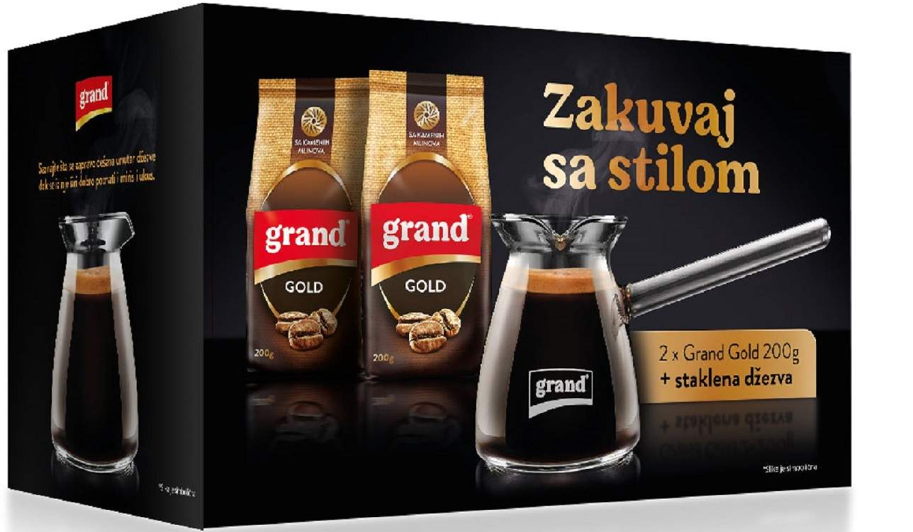 Domaća kafa GRAND gold 2x200g + staklena džezva