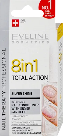 Nega noktiju EVELINE Total Action 8in1 Silver zaštita za nokte, sa šljokicama 12ml