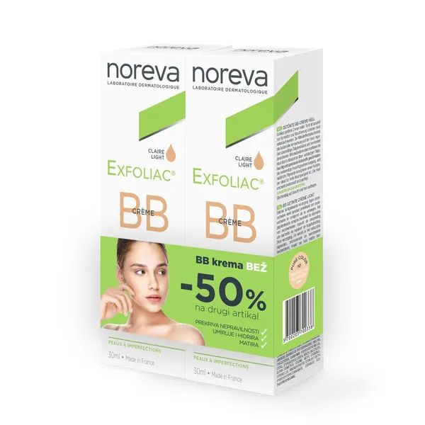 BB krema za lice NOREVA promo 1+50% gratis exfoliac clair, 30ml