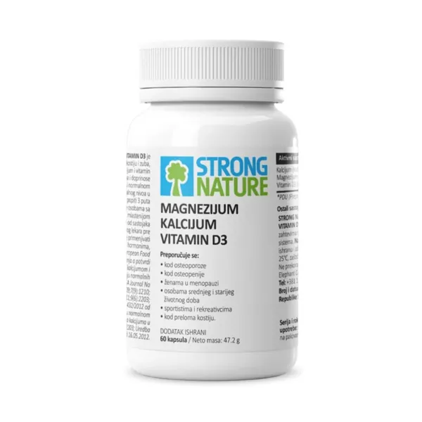 Kosti, zglobovi i mišići STRONG NATURE Magnesium, Calcium, Vitamin D3, 60 kapsula