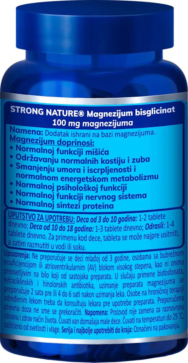 Vitamini i minerali STRONG NATURE Magnezijum bisglicinat (100 mg Mg), 60 tableta