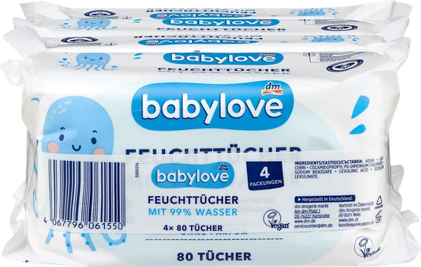 Vlažne maramice BABYLOVE 99% voda 4x80kom