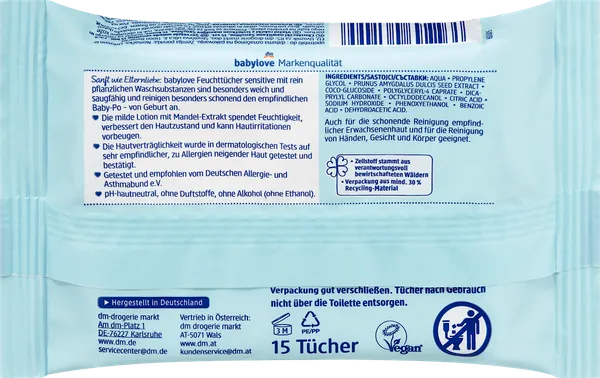 Vlažne maramice BABYLOVE sensitive putna ambalaža 15kom